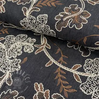 Bawełniana tkanina JEANS Embroidery leaves black