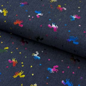 Bavlnená látka JEANS FOIL Unicorn dark blue
