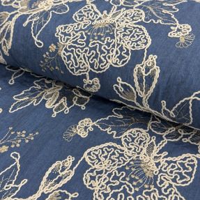 Bawełna JEANS EMBROIDERY Bouquet blue