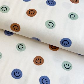 Tkanina bawełniana FLANNEL Happy faces off white green