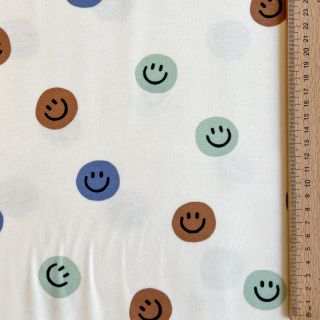Tkanina bawełniana FLANNEL Happy faces off white green