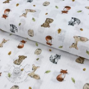 Muślin double gauze Forest animals white digital print