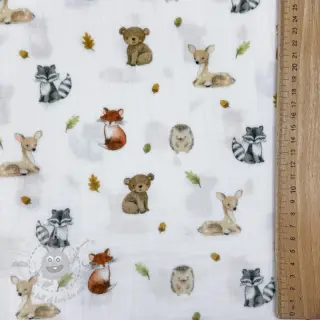 Muślin double gauze Forest animals white digital print
