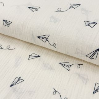 Muślin double gauze EMBROIDERY Paper plane natural