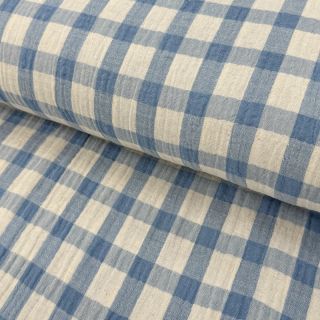 Muślin double gauze LINEN YARN DYED Checks light blue natural