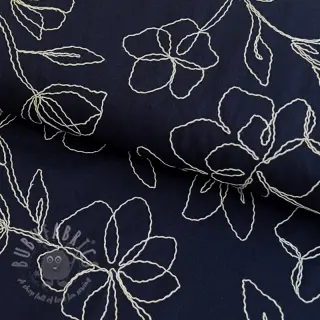 Tkanina wiskozowa z lnem EMBROIDERY Flower Danielle navy