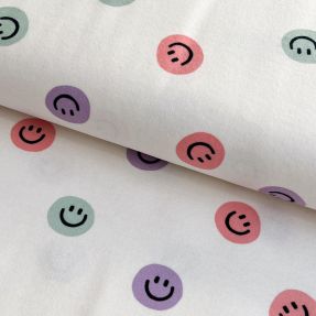 Bawełniana tkanina FLANNEL Happy faces off white lilac