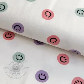 Bawełniana tkanina FLANNEL Happy faces off white lilac