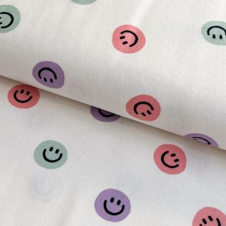 Bawełniana tkanina FLANNEL Happy faces off white lilac