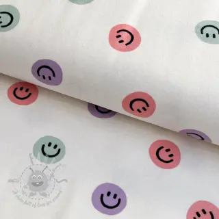 Bawełniana tkanina FLANNEL Happy faces off white lilac