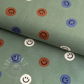 Bawełniana tkanina FLANNEL Happy faces army green