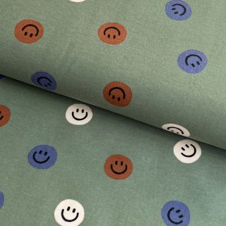 Bawełniana tkanina FLANNEL Happy faces army green