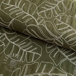 Tkanina wiskozowa z lnem EMBROIDERY Leaves forest green