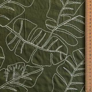 Tkanina wiskozowa z lnem EMBROIDERY Leaves forest green