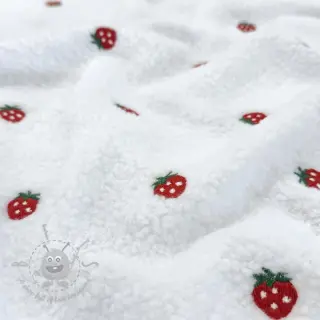 Tkanina płaszczowa TEDDY EMBROIDERY Strawberries white