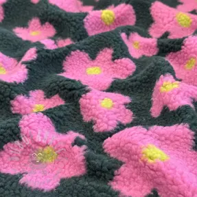 Tkanina płaszczowa TEDDY JACQUARD Flowers army green/pink