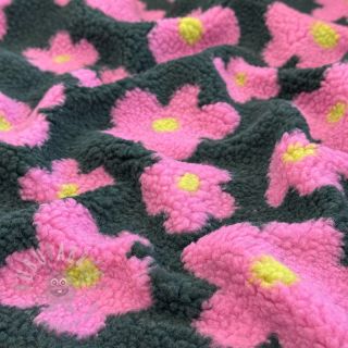 Tkanina płaszczowa TEDDY JACQUARD Flowers army green/pink